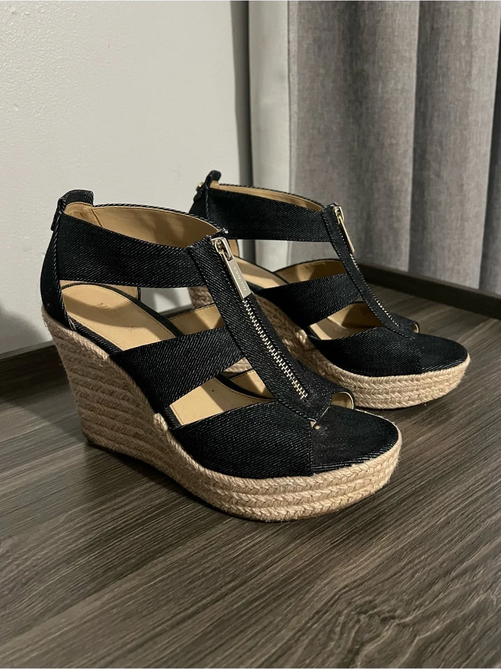 Michael Kors Blue/Denim Color Espadrille Wedge Sandals with Front Zip Accent
